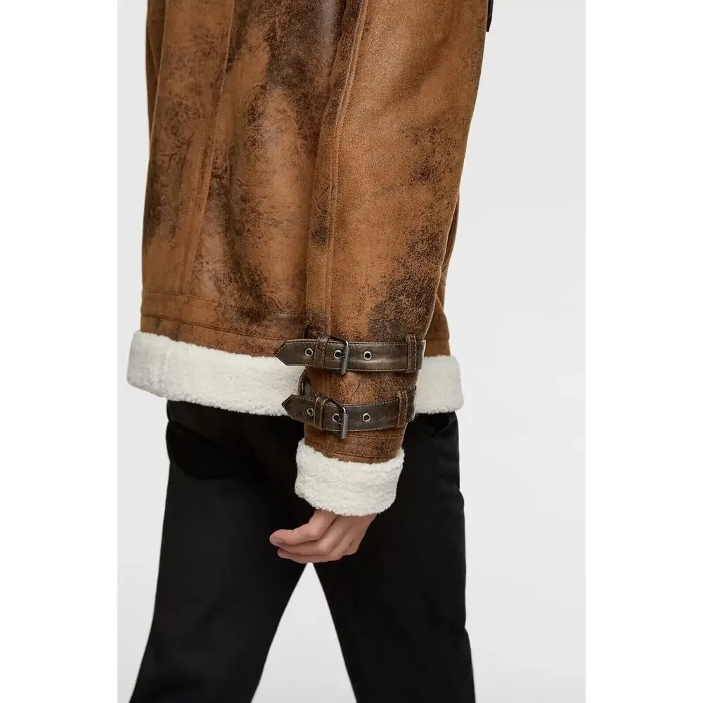 Zara Faux Leather Sherpa Lined Aviator Style Contrast Double Collar Jacket Large - Picture 6 of 13